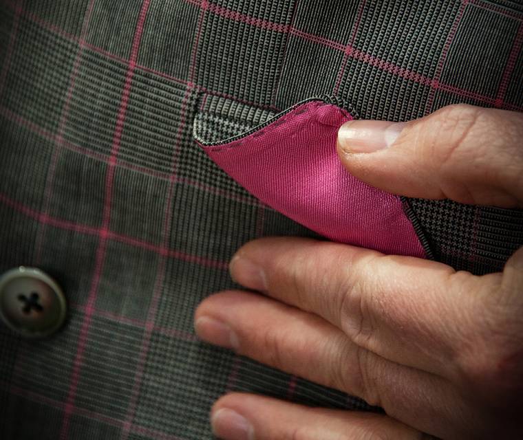 Grey and Pink Check Double-Breasted Suit Pocket Detail